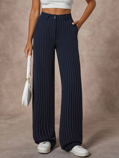 EURMUSE Pantaloni eleganti a righe blu navy con vestibilità dritta e bottoni davanti per donna