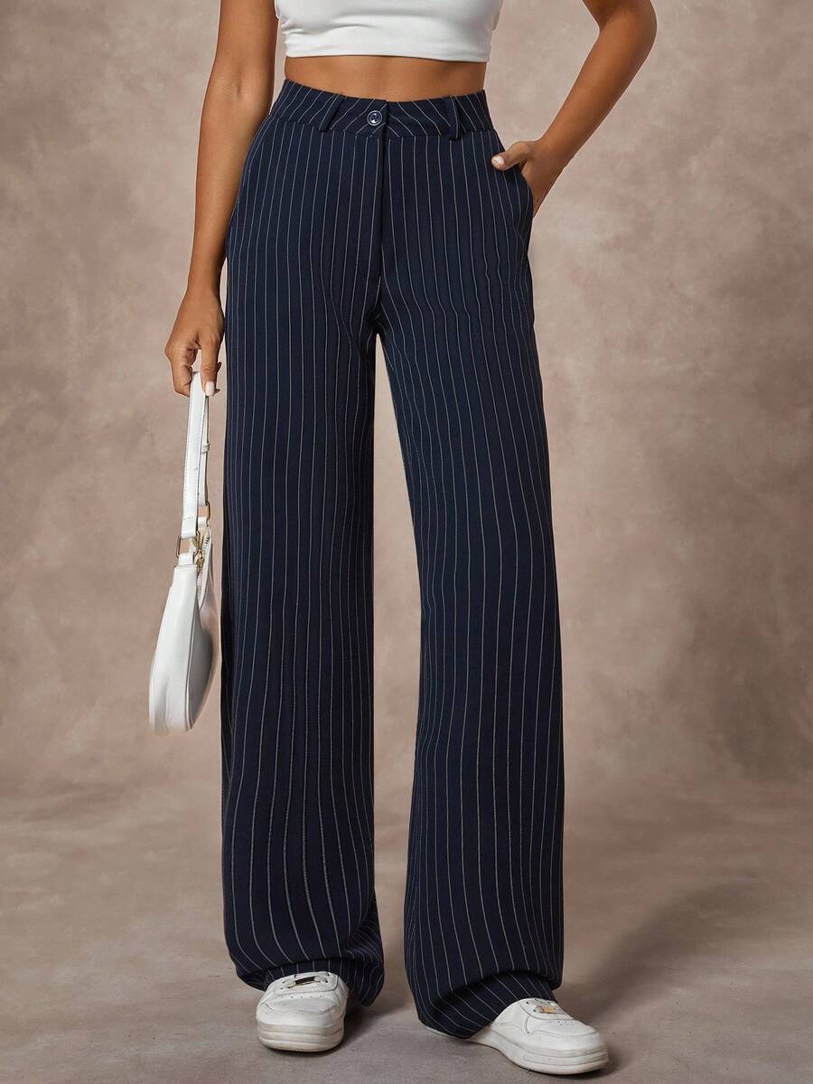 EURMUSE 女式海军蓝条纹直筒纽扣优雅西装裤 - 彩色 - 查看 1