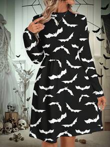 EMERY ROSE Đầm ôm body tay dài viền ô thanh lịch dành cho nữ, thích hợp cho mùa thu/đông, Halloween, họa tiết dơi - Nhiều màu - Xem 1