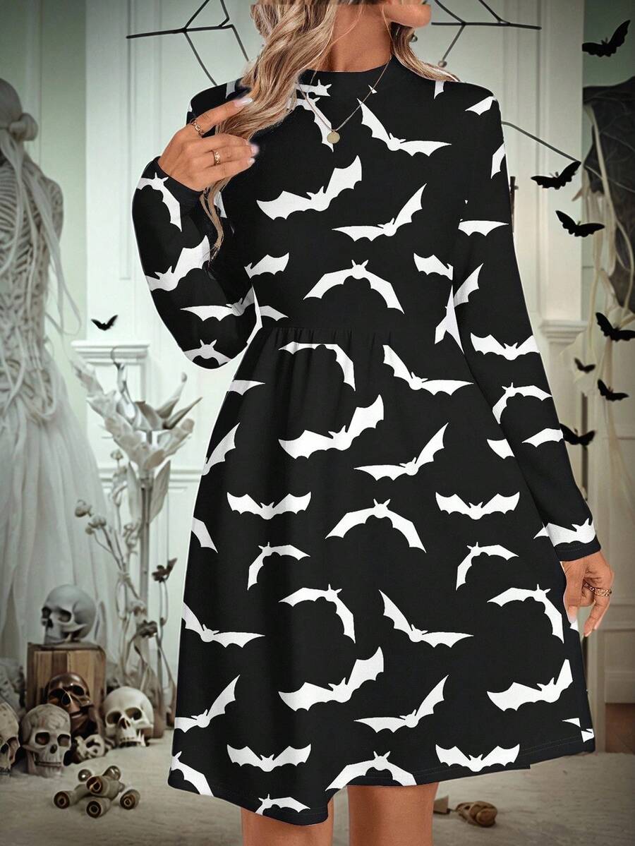 EMERY ROSE Đầm ôm body tay dài viền ô thanh lịch dành cho nữ, thích hợp cho mùa thu/đông, Halloween, họa tiết dơi - Nhiều màu - Xem 1