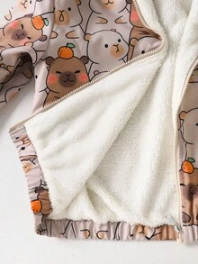 SHEIN Tween 女童休闲可爱卡通动物印花加厚夹克外套，袖口和下摆松紧设计，适合秋冬季散步、上学、通勤、购物等场合。可搭配毛衣、长袖、裤子、运动裤 - 卡其色 - 查看 8