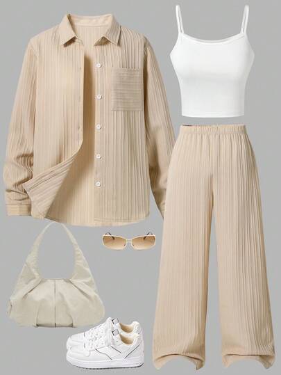 3pcs Casual Fashion Woven Jacquard Texture Shirt With Camisole Top And Long Skirt Set For Teenage Girls, Loose Fit, Comfortable, Suitable For Spring, Summer, Autumn, Daily Wear, Commuting, Outdoor Activities, Parties, Photo Shoots Fall Winter