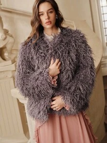SHEIN Unity Women's Fashionable Faux Fur Jacket, Autumn/Winter - Dusty Purple - View 4