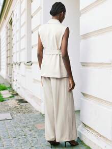 Maija Women's Fashionable & Elegant Sleeveless Suit Set With Belt In Fall/Winter - Apricot - View 2