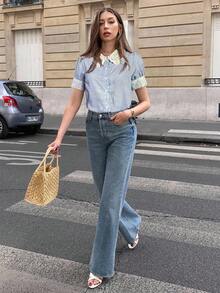 Chiquease 女士优雅镂空蕾丝拼布短袖蓝色条纹拼布衬衫，夏季 - 白色 - 查看 3