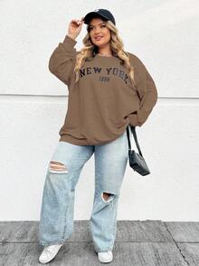SHEIN CURVE+ 秋冬大码休闲宽松纽约图案圆领长袖女式运动衫 - 棕色 - 查看 7