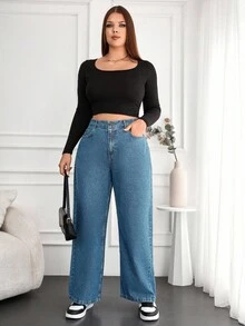 EURMUSE Plus Size Women High Waist Pockets Wide Leg Loose Casual Versatile Jeans Women's Jeans Loose Jeans Wide Leg Jeans Baggy Jeans Oversized Jeans - Light Wash - View 3