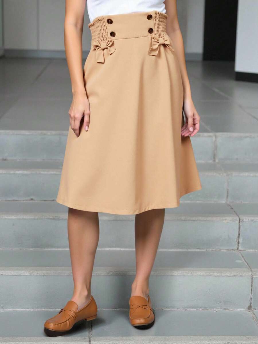 SHEIN Tween Girl Shirred Waist Bow Front Skirt