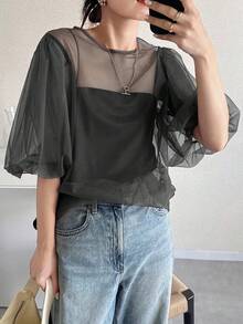 FRIFUL 女式纯棕色圆领泡泡袖透视网眼宽松休闲分层上衣