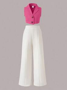 Tween Girl Button Front Vest Blazer & Wide Leg Pants - Multicolor - View 3