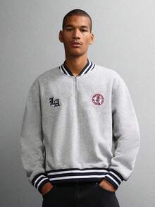 SUMWON Sudadera con media cremallera, ajuste corto, con detalles de ribete de estilo universitario, logo, cuello y puños acanalados. Ropa de estar en casa casual para otoño e invierno, diseño clásico de moda urbana - Gris Claro - Ver 1