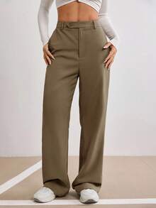 Seusyu Women's Fashionable Versatile Solid Color Straight Leg Pants - Khaki - View 1
