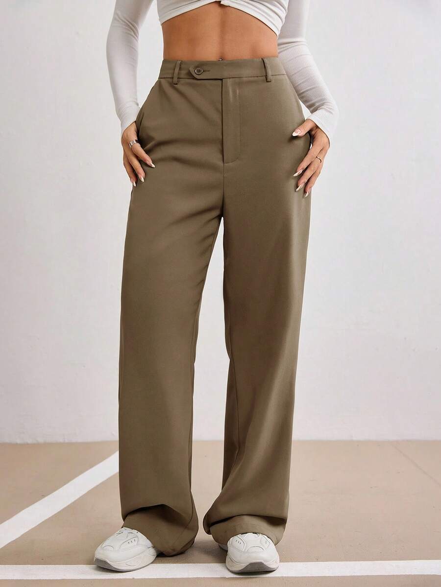 Seusyu Women's Fashionable Versatile Solid Color Straight Leg Pants - Khaki - View 1