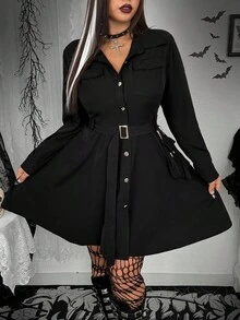 Whyspr 大码女式长袖单排扣工装口袋深色风格衬衫裙 - 黑色 - 查看 8