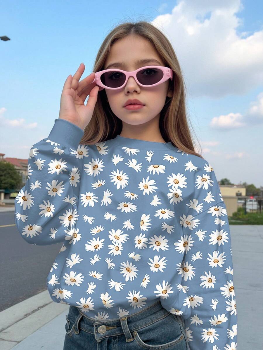 SHEIN Leap Crew 小碎花少女休闲宽松圆领舒适长袖运动衫 - 彩色 - 查看 1