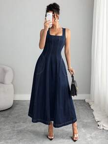 Elenzga 时尚水洗长款牛仔连衣裙 - 深色水洗藍 - 查看 1