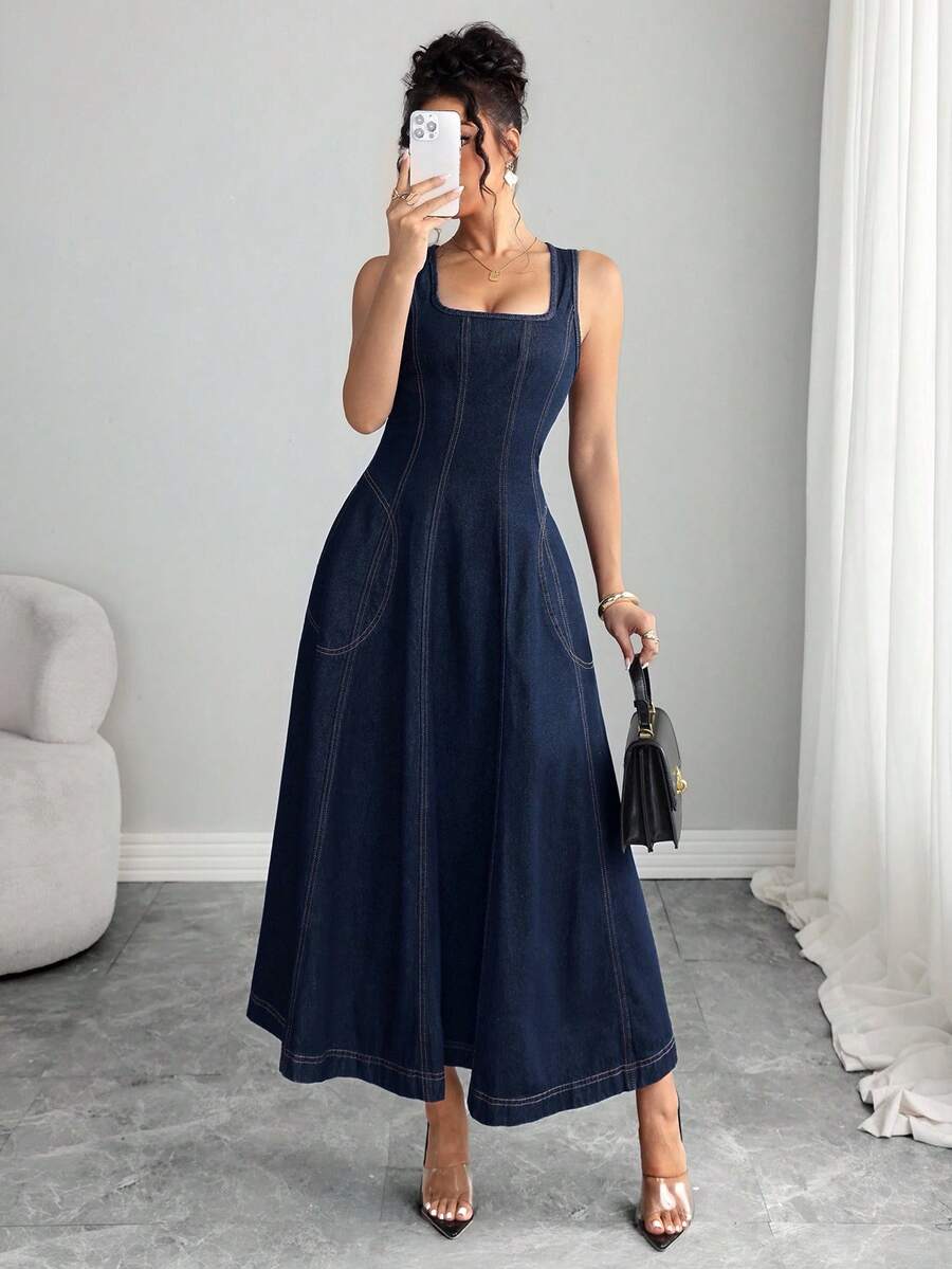 Elenzga 时尚水洗长款牛仔连衣裙 - 深色水洗藍 - 查看 1