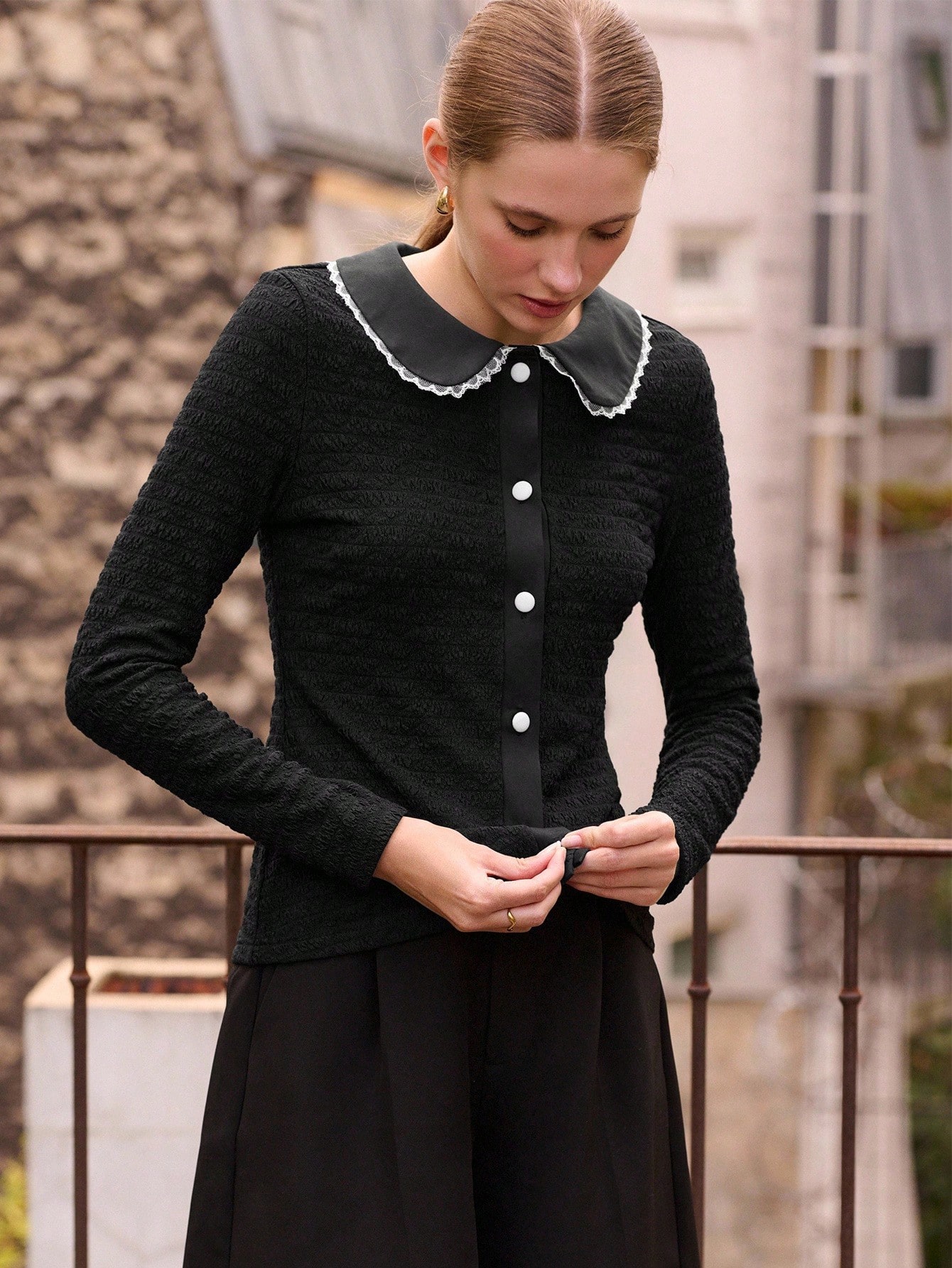 Black Textured Rib Long Sleeve Top With Contrast Trim Collar And Buttons Fall Women Clothes Spring Summer Elegant Top