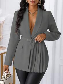 SHEIN Unity 女式披肩领收腰纽扣褶皱设计西装外套 - 灰色 - 查看 6