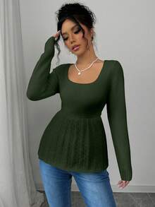 Elenzga Women's Casual Solid Color Waist Cinched Sweater - Green - View 4
