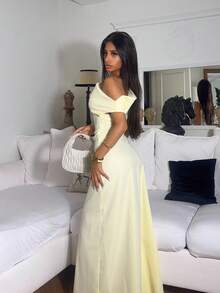 Ronhire Elegant Asymmetric Shoulder Ruched Waist A-Line Dress, Minimalist Commuting Solid Color Slimming Dress,Summer Dresses For Women Dresses For Wedding Event