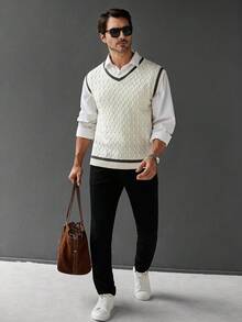 Manfinity Homme 男士休闲百搭撞色饰边针织毛衣背心，秋冬 - 白色 - 查看 5