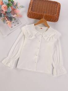 Tween Girl Eyelet Embroidered Trim Statement Collar Flounce Sleeve Blouse - White - View 8