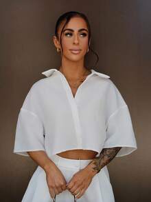SAYEHFBABY Women Solid Color  Woven Cropped Shirt - White - View 5