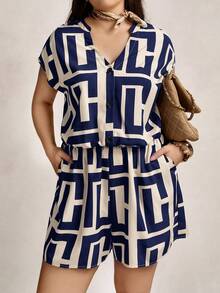 Zelara 加大码夏季海军蓝连体裤，带不对称几何印花，母亲节礼物，女士航海休闲装，沿海航海装，海军蓝连体裤，女士防晒连体裤