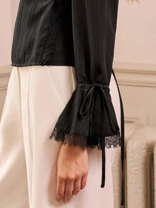 lacRébo Black Wrap Top With Lace Trim And Flared Tie Cuffs Spring Women Clothes Spring Summer Office Outfits - Black - View 5