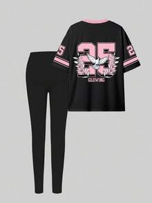 SHEIN 2pcs Women Casual Creative Number 28 Contrast Color Print T-Shirt And Leggings Set, Fall Outfit 2pc Clothing 2 Pieces Sets - Multicolor - View 2