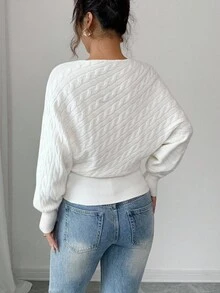 Elenzga Twisted Texture Oblique Shoulder Long Sleeve Knit Pullover Sweater, Autumn/Winter - White - View 2