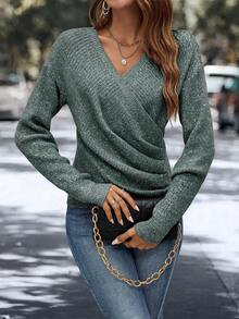 EMERY ROSE Suéter casual de mujer con cuello en V y cruce delantero, manga larga, otoño - Verde Oscuro - Ver 6