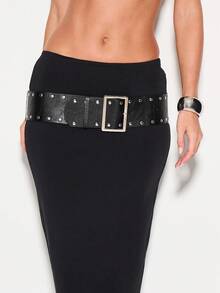 KIZN Bodycon Maxi Skirt With Wide Studded Belt Detail High Waisted Long Evening Formal Pencil Skirt - Black - View 5