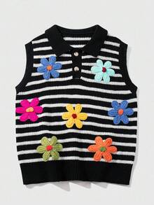 ROMWE MEN Men's Fashion Casual Multi-Color Floral Pattern Knitted Striped Button SweaterVest, Fall Winter - Black - View 1