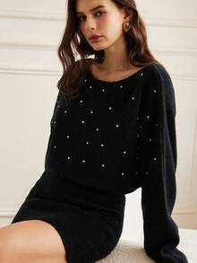 GENKIRA Rhinestone Embellished Asymmetrical Shoulder Black Bodycon Sweater Dress, Sexy 2 In 1 Outfit Fall Winter For Women - Black - View 2