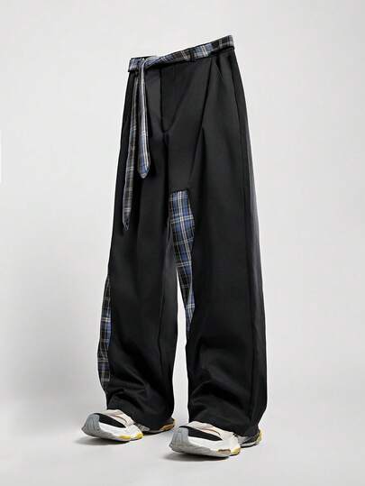 Prep Men's Casual Plaid Patchwork Pants With Belt, For Fall