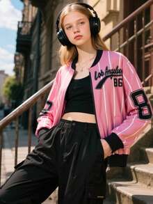 Chaqueta de béisbol casual de niña con contraste de color y flores 3D, adecuada para primavera y otoño - Rosa - Ver 3