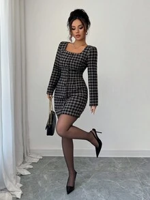 Elenzga Women's Elegant Vintage Black & Coffee Plaid Woolen Fabric Fitted Short Dress With Square Collar, Autumn/Winter - Multicolor - View 3