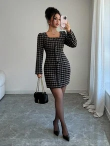 Elenzga Women's Elegant Vintage Black & Coffee Plaid Woolen Fabric Fitted Short Dress With Square Collar, Autumn/Winter - Multicolor - View 4