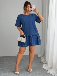 Elenzga Plus Size Women's Solid Color Round Neck Raglan Short Sleeve Ruffle Hem Versatile Sexy Dress - Blue - View 6