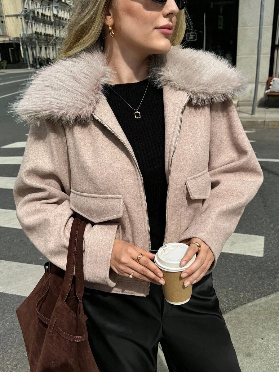 Auralis Plus Size Women's Autumn And Winter Fashion Casual Loose Comfortable Daily Warm Plush Patchwork Pocket Khaki Jacket, Plush Detachable Jacket,Women's Winter Clothes,Winter Coats