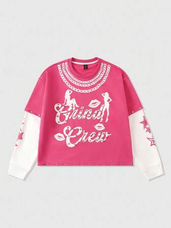 Street Life Maglietta a maniche lunghe da uomo con colori a contrasto, borchie e patchwork, adatta per l'autunno