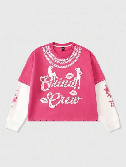 Street Life Herren Kontrast-Farben Nieten Patchwork Langarm T-Shirt, für den Herbst