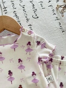 SHEIN LMoss Kids 儿童新生女婴可爱卡通图案荷叶边圆领短袖针织柔软睡衣套装 2 件 - 淡紫色 - 查看 5