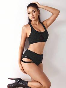 Menodora SHEIN Sport Women's Shiny Mesh Patchwork Sports Bra And Hollow Out Design Briefs Set Glow Mode Active Wear Sports Bras - Black - View 7