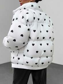 EURMUSE Heart Print Stand Collar Casual Jacket, Winter - White - View 2