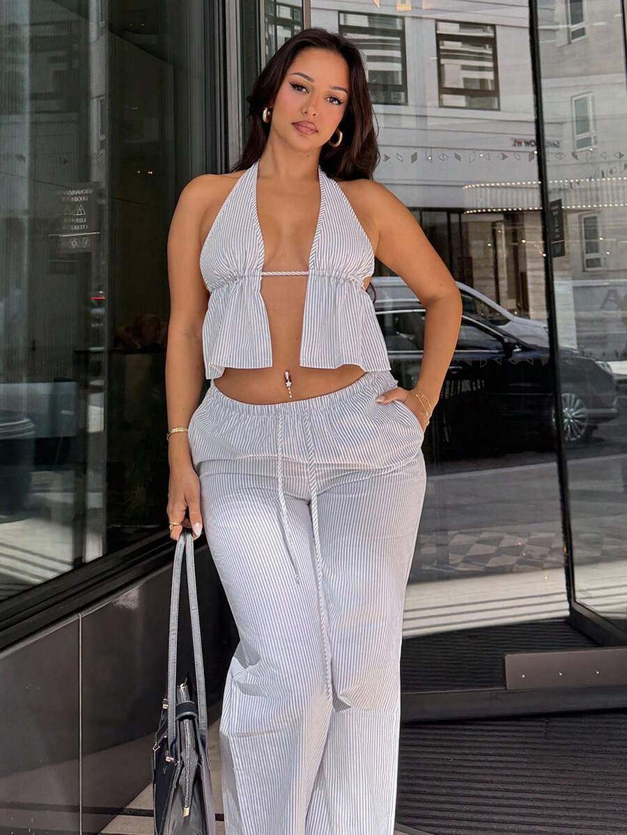 NegzBox 2 Pcs/Set Women's Blue & White Striped V-Neck Backless Halter Top And High Waist Drawstring Wide Leg Pants, Cotton, Fashionable Casual Leisure Wear, Spring/Summer - Grey - View 1