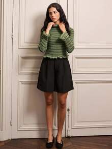 lacRébo Herbst grün karierter geraffter figurbetonter Oberteil mit Rüschenärmeln und -saum, Herbst-/Winterkleidung für Frauen
