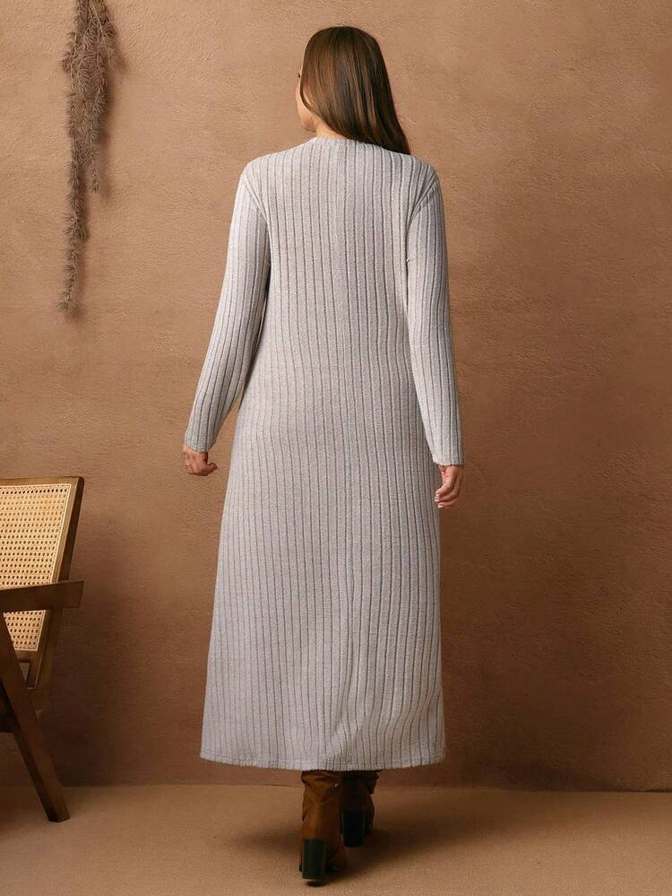 Plus Size Women Solid Color Button Half Placket Long Sleeve Pocket Ribbed Casual Loose Dress,Winter Dresses For Women,Elegant  Party Outfit,Casual Outfit For Women
